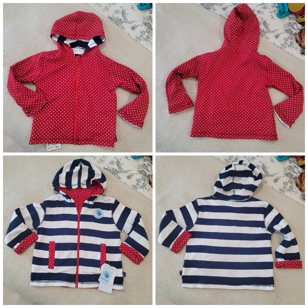 New JOJO MAMAN BÉBÉ Reversible Hoodie Navy Cream Stripe Red Polka Dot Size 2-3